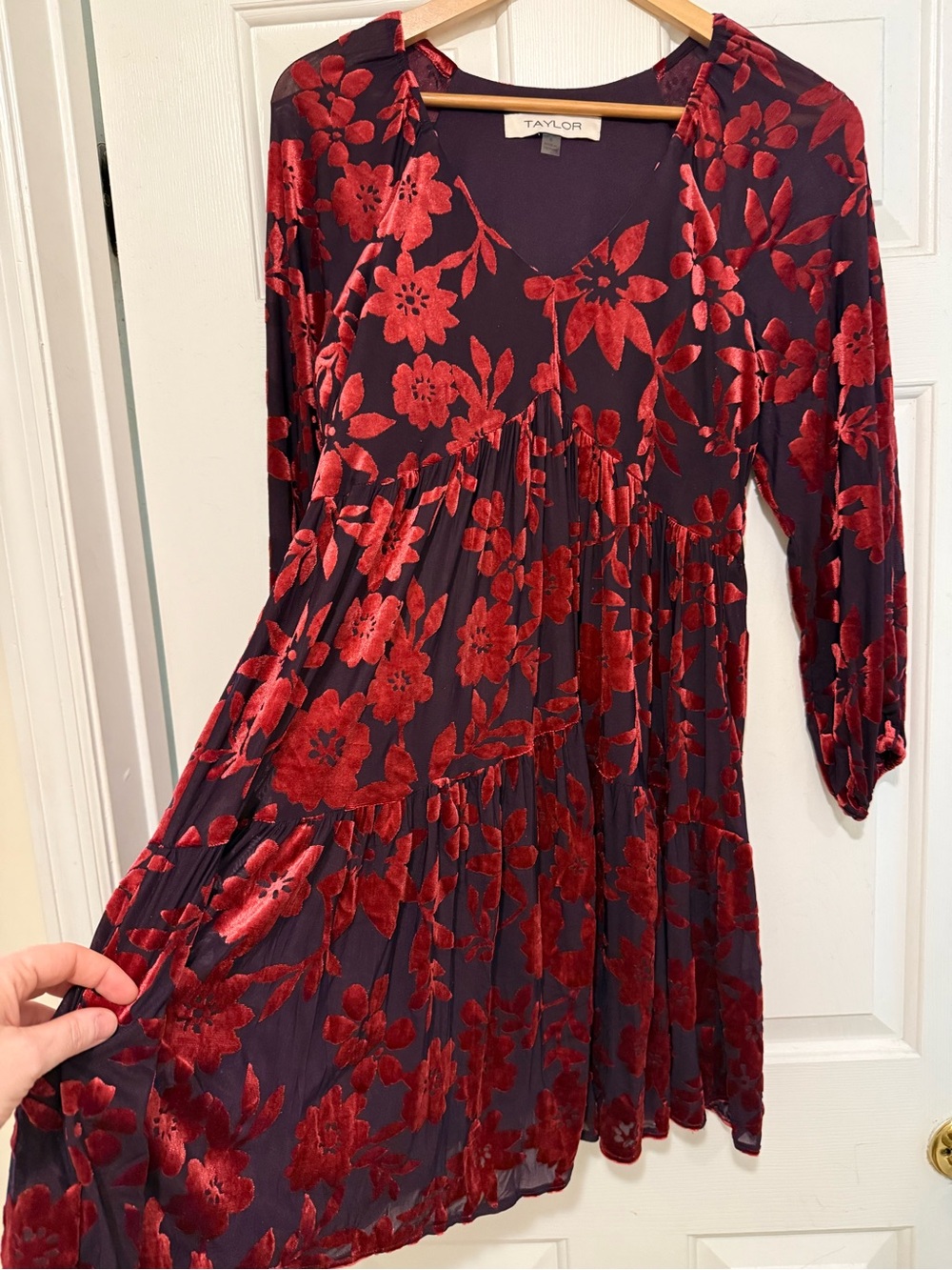 Taylor Burgundy Dress with Red Velvet Floral Pattern